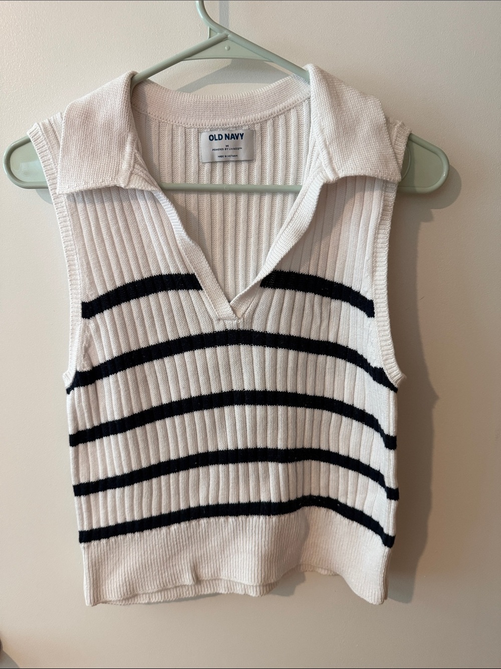 Old Navy White Sleeveless Collared Knit Top with Black Stripes